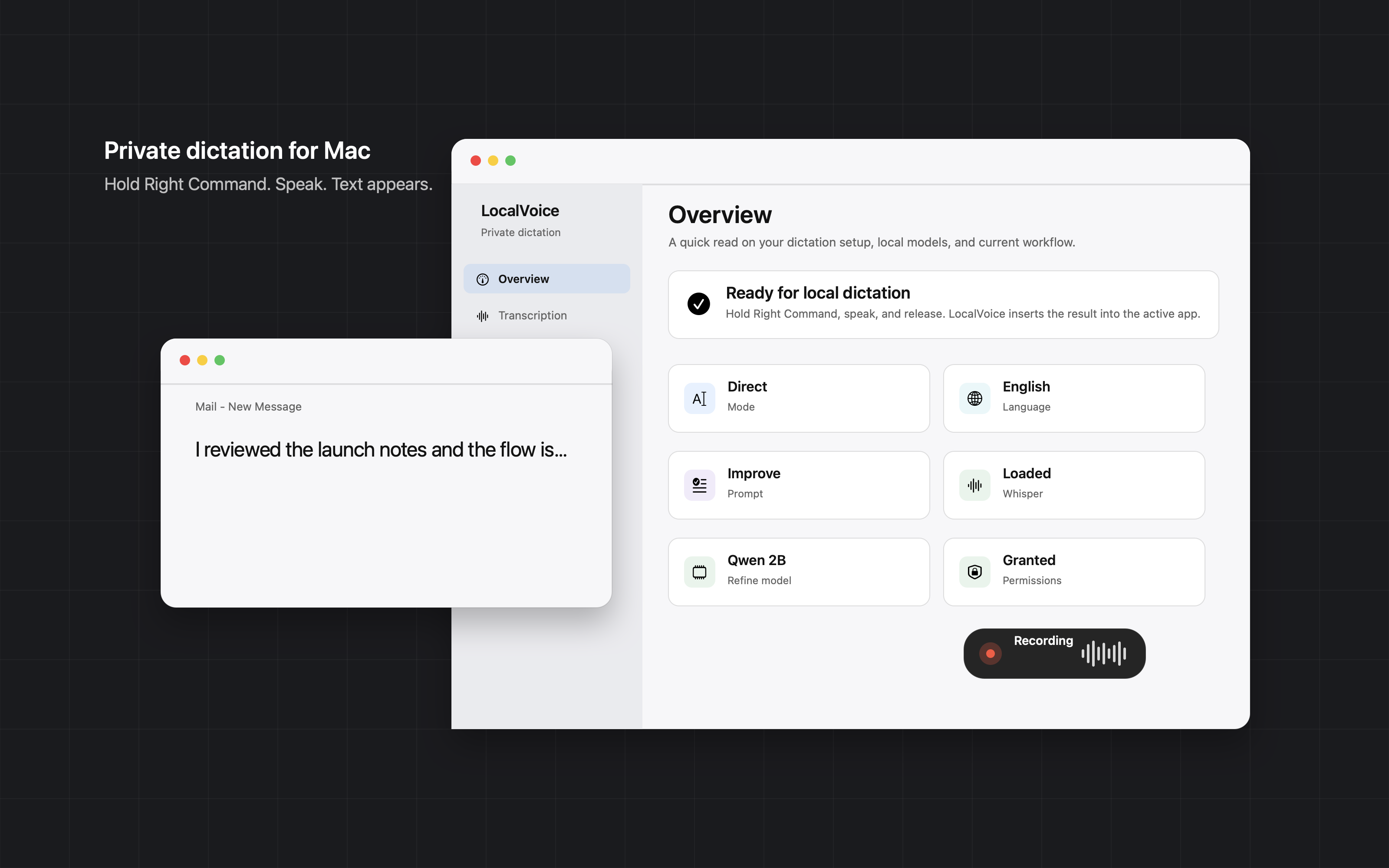 LocalVoice running on macOS with settings and recording overlay visible