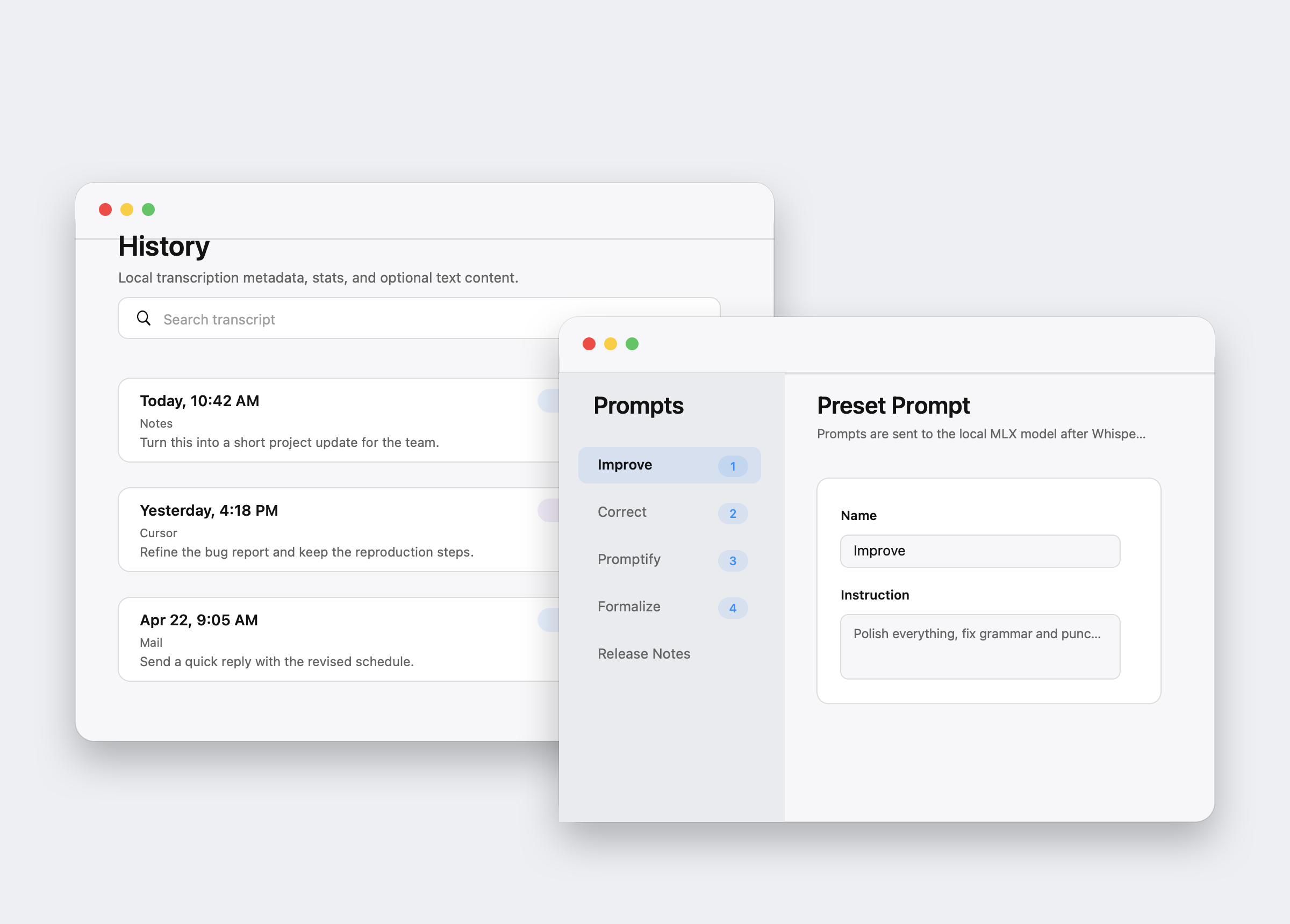 LocalVoice history and prompt management screens