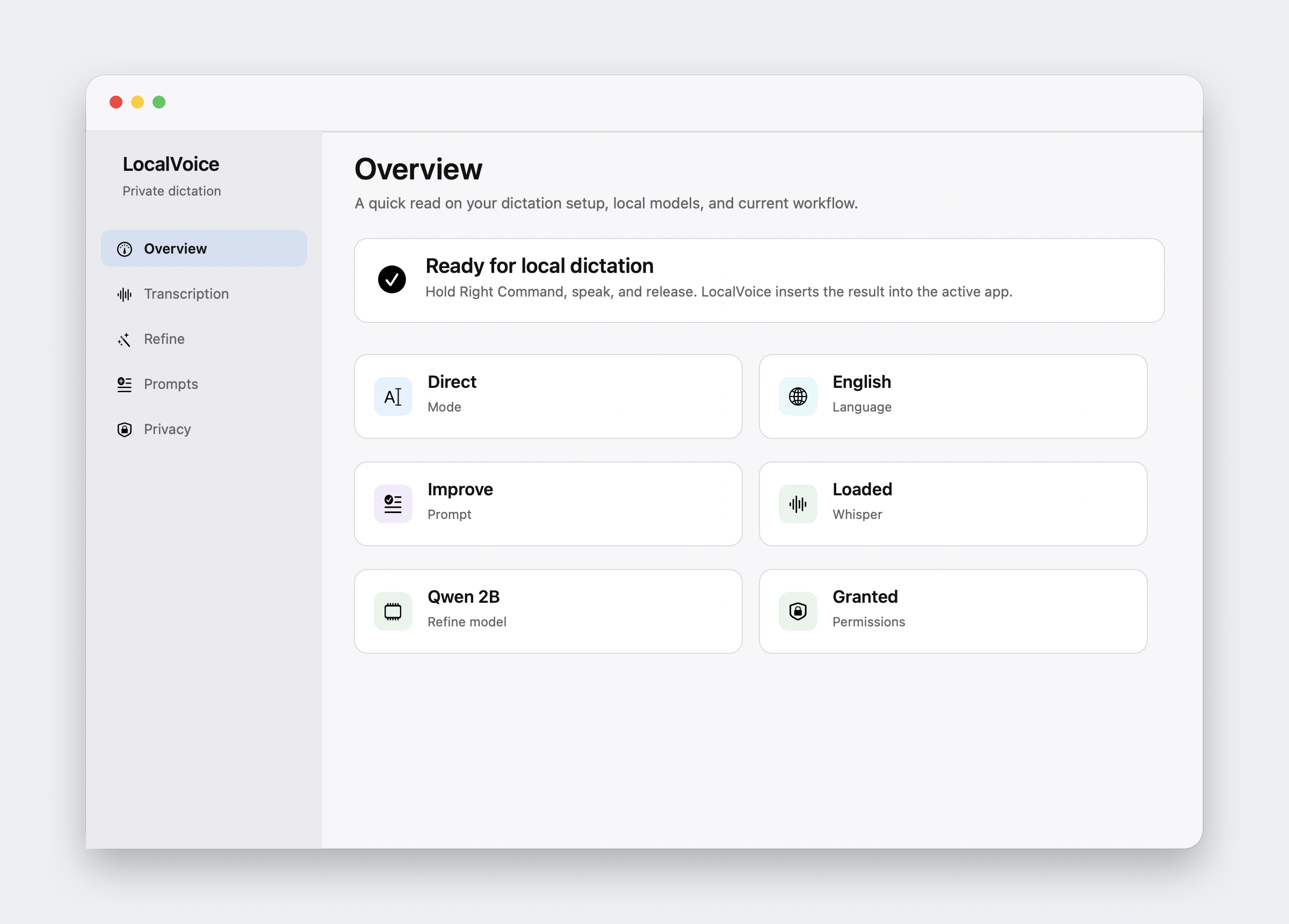LocalVoice settings window showing local model and permission status